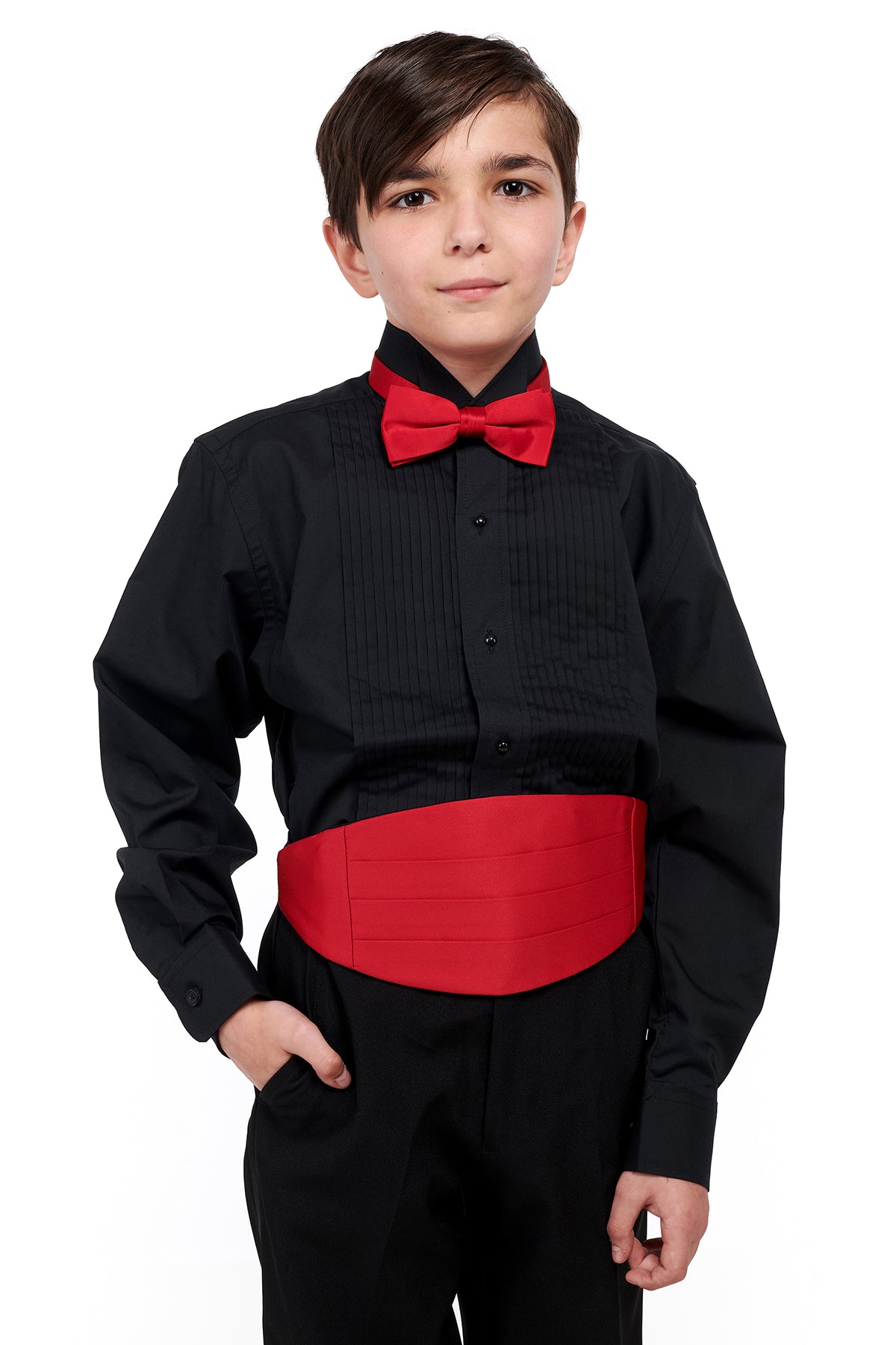 701-Y - Black Wing Tip Collar Pleated Tuxedo Shirt- Youth